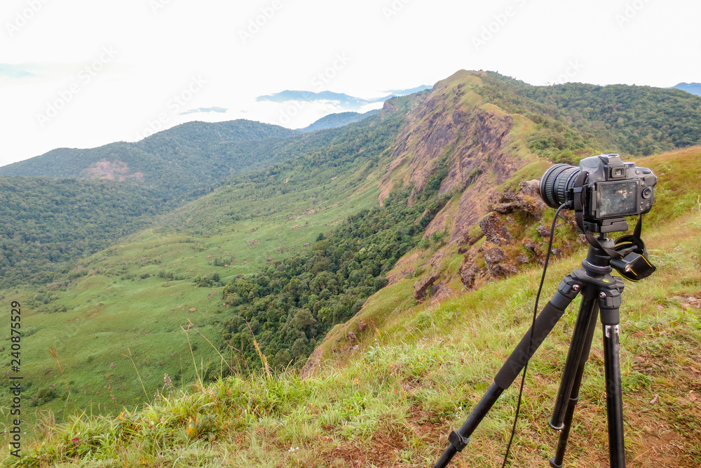 Camera on tripod Photographers take photo at Doi Mon Jong, a popular mountain near Chiang Mai, Thailand
