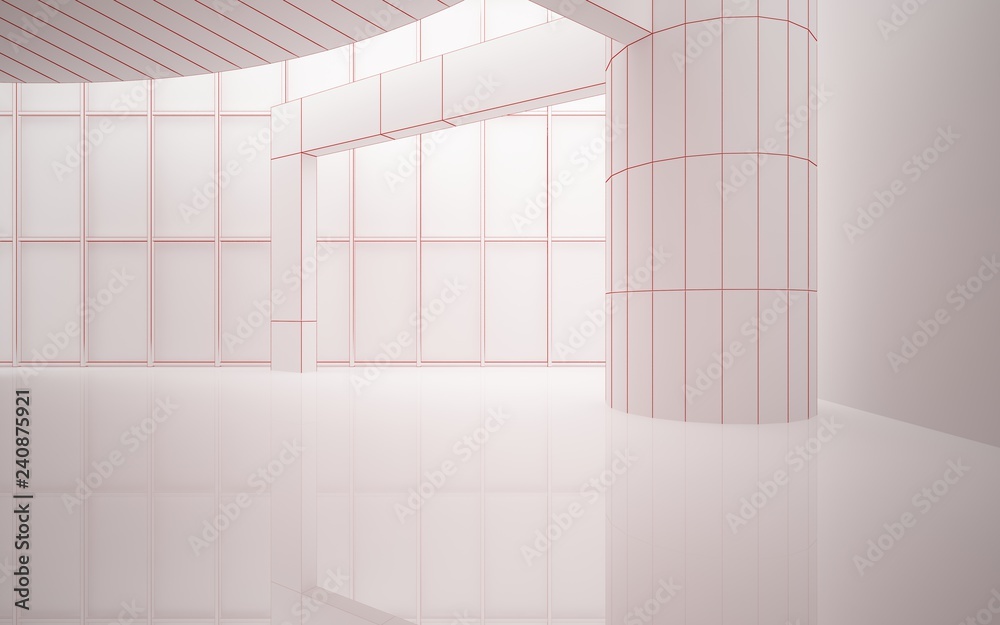 Abstract red drawing white interior multilevel public space with window. 3D illustration and rendering. Abstract red drawing white interior multilevel public space with window. 3D illustration and rendering.