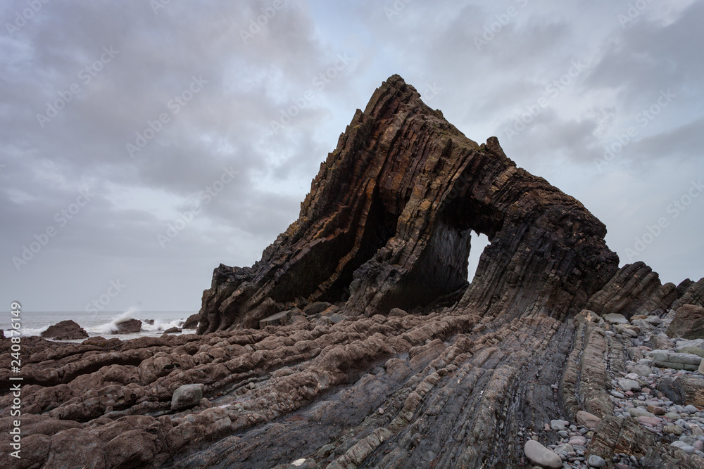 Blackchruch Rock, North Devon coast is an iconic rock formation on the coastline