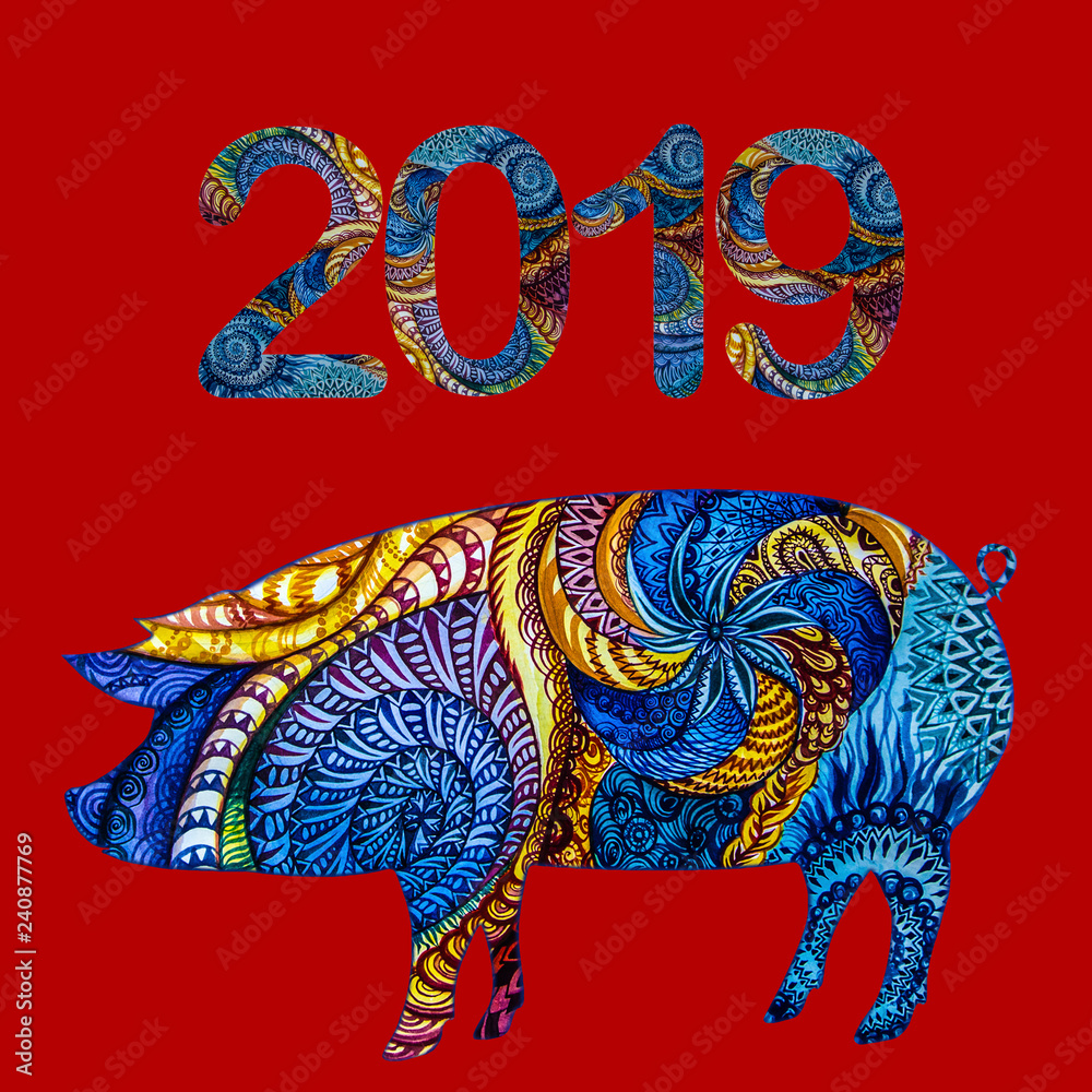 Obraz premium Figures and symbol of 2019 - a pig covered with multicolored ornaments