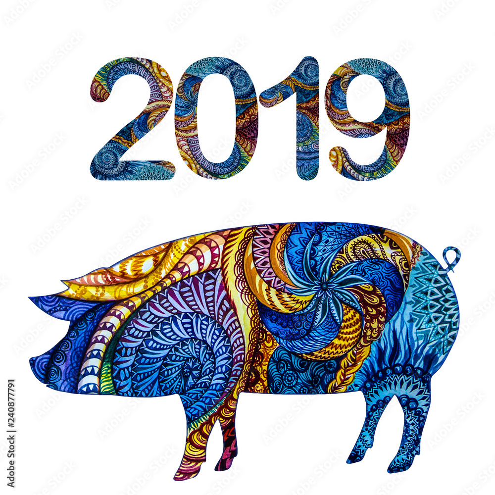 Obraz premium Figures and symbol of 2019 - a pig covered with multicolored ornaments