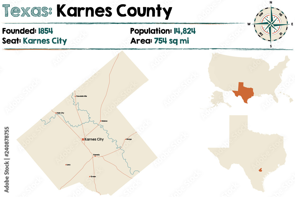 Detailed map of Karnes County in Texas, USA