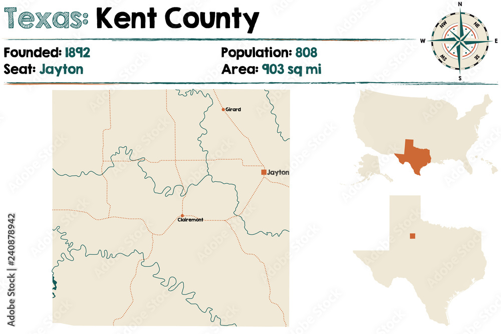 Detailed map of Kent County in Texas, USA