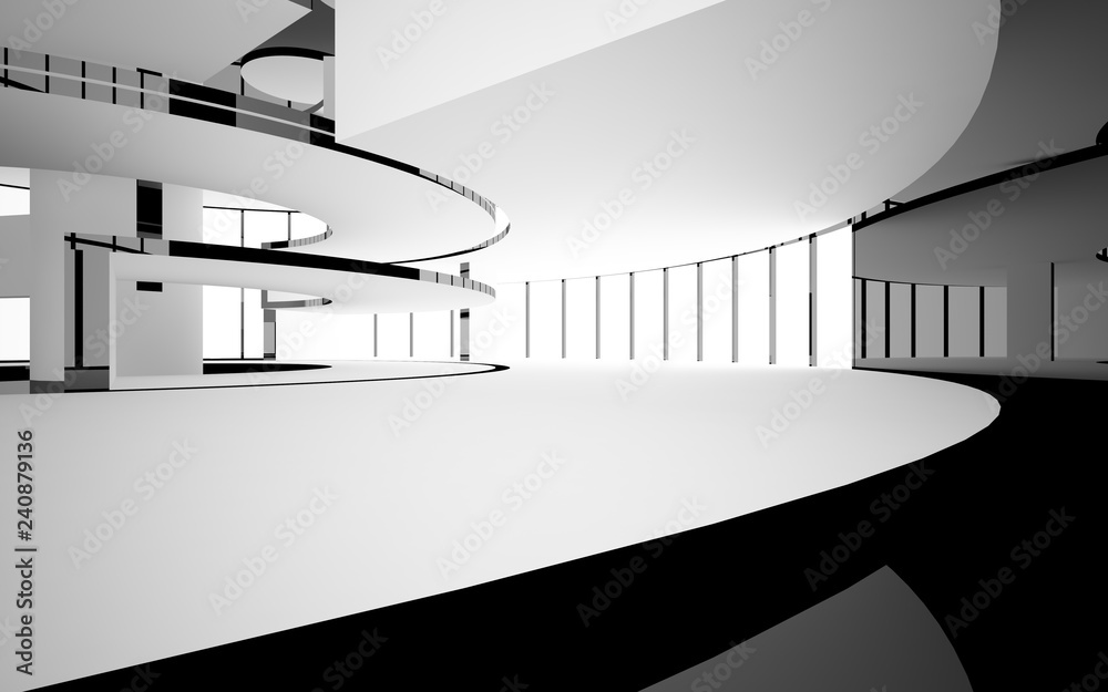 Abstract white and black interior multilevel public space with window. 3D illustration and rendering. Abstract white and black interior multilevel public space with window. 3D illustration and rendering.