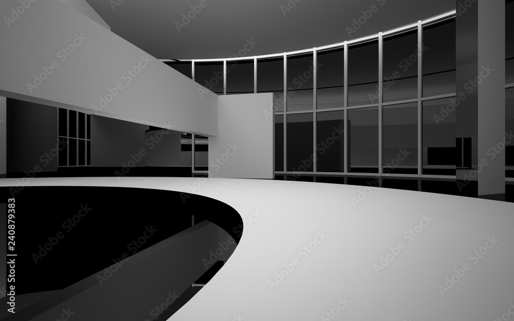 Obraz premium Abstract white and black interior multilevel public space with window. 3D illustration and rendering.