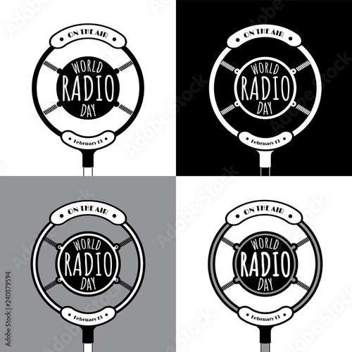 World Radio Day. Set of similar microphone styles in black/gray/white colors. Vector illustration.