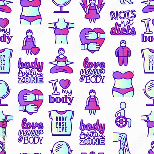 Body positive seamless pattern with thin line icons: woman plus size, yoga, bikini, armpit hair, legs hair, mirror, disability. Stickers with quotes. Modern vector illustration.