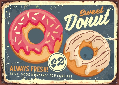 Donuts retro commercial sign design. Vintage sign board for bakery or candy shop.