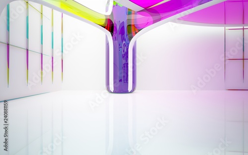 Abstract white and colored gradient glasses interior multilevel public space with window. 3D illustration and rendering.