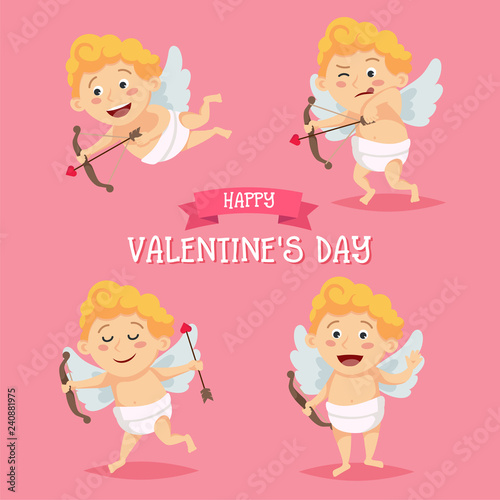 Cute Cupid character set in different poses. Happy Valentine's day template in cartoon style, love letter with lettering