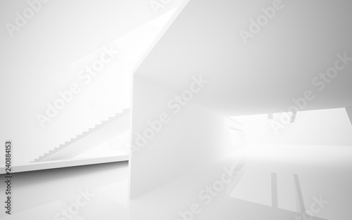 Abstract white interior multilevel public space with window. 3D illustration and rendering.