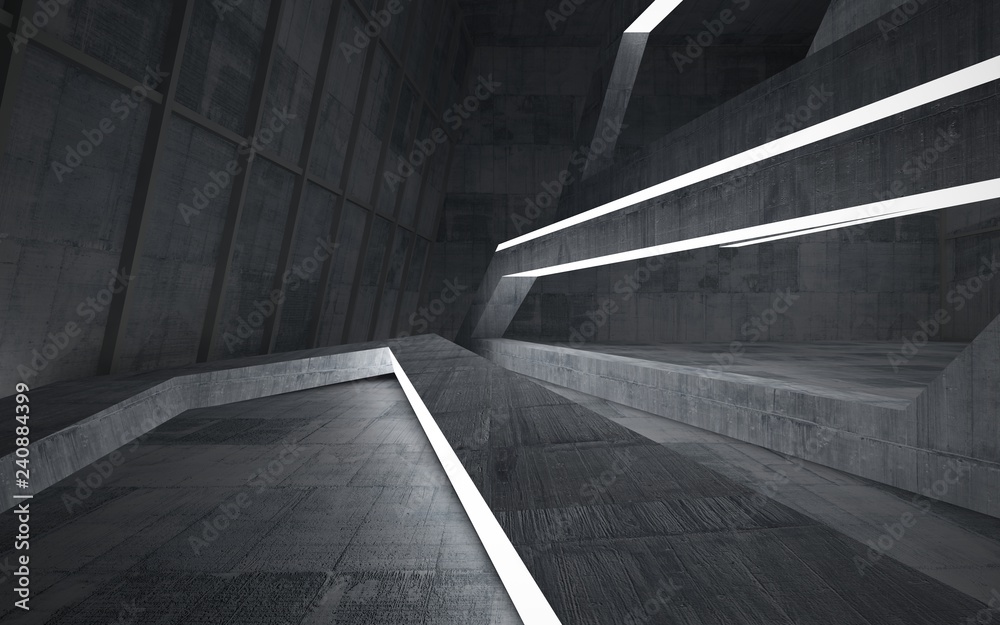 Abstract concrete interior multilevel public space with neon lighting. 3D illustration and rendering. Abstract concrete interior multilevel public space with neon lighting. 3D illustration and rendering.