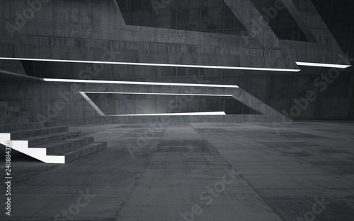 Abstract concrete interior multilevel public space with neon lighting. 3D illustration and rendering.