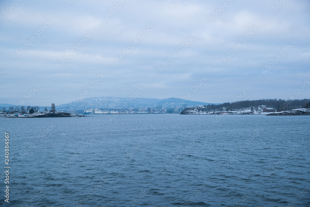 Overlooking the coast of the islands around Oslo Norway over the winter overlooking the sea and the Fjord Overlooking the coast of the islands around Oslo Norway over the winter overlooking the sea and the Fjord