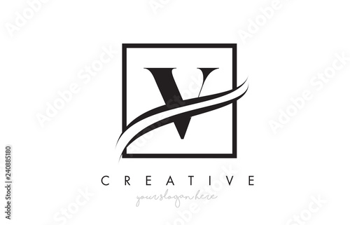 V Letter Logo Design with Square Swoosh Border and Creative Icon Design.