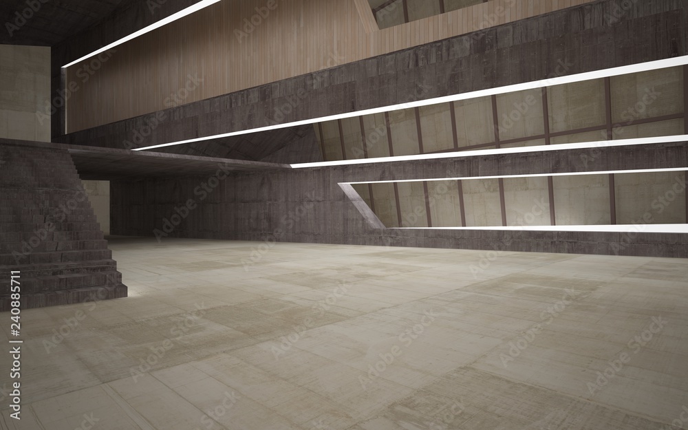 Obraz premium Abstract concrete and wood interior multilevel public space with neon lighting. 3D illustration and rendering.
