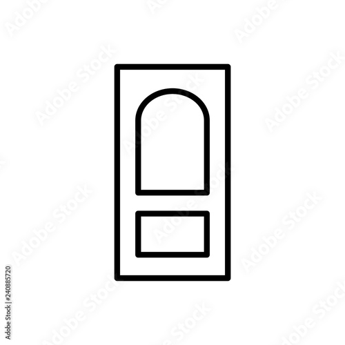 Black & white illustration of closed wooden door. Vector line icon. Isolated object