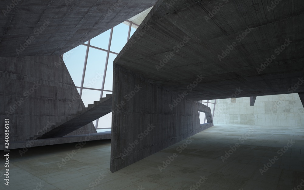 Abstract concrete and wood interior multilevel public space with window. 3D illustration and rendering. Abstract concrete and wood interior multilevel public space with window. 3D illustration and rendering.