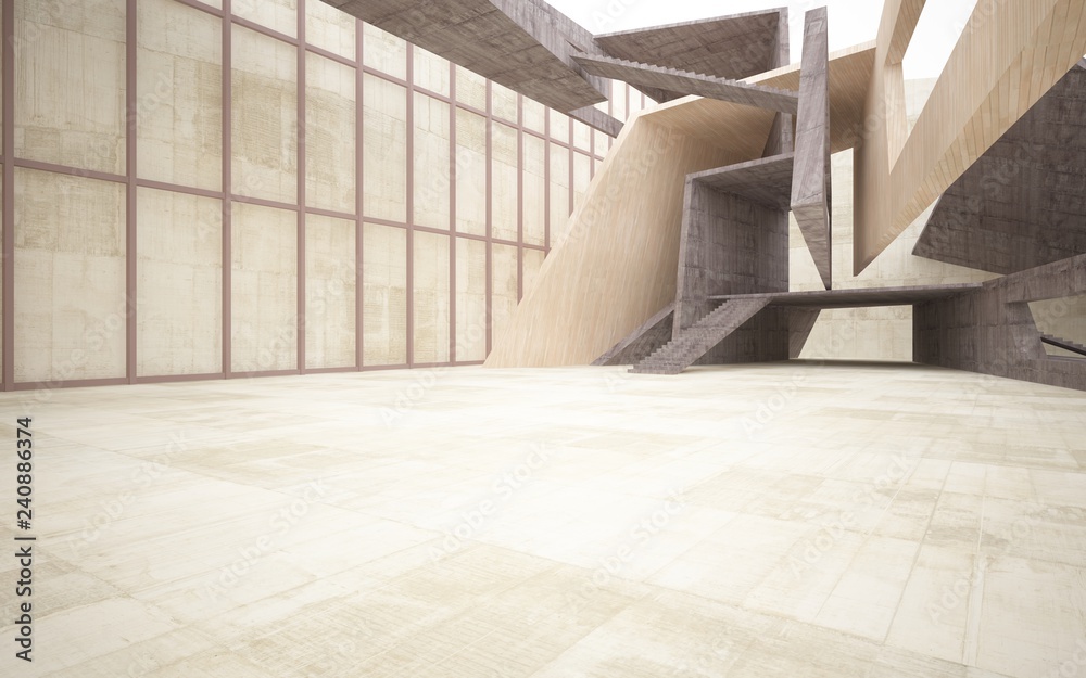 Obraz premium Abstract concrete and wood interior multilevel public space with window. 3D illustration and rendering.
