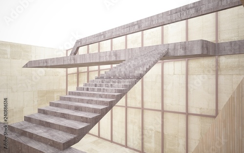 Abstract  concrete and wood interior multilevel public space with window. 3D illustration and rendering. © SERGEYMANSUROV