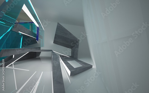 Abstract  concrete, wood and blue glass interior multilevel public space with neon lighting. 3D illustration and rendering.