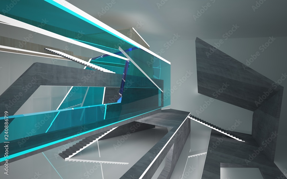 Obraz premium Abstract concrete, wood and blue glass interior multilevel public space with neon lighting. 3D illustration and rendering.