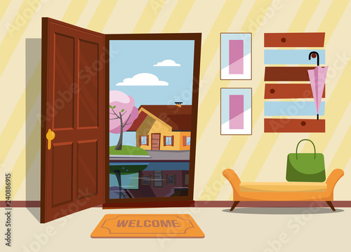 The interior hallway with the door open, a coat rack with umbrellas and sleeping dog and a cat on the suitcases. Outside very night and yellow trees. Flat cartoon style vector illustration.