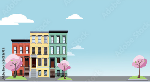 Spring in the city. Horizontal background with colorful cityscape with blooming trees near two-storied houses. Banner with free space for text. Flat cartoon style vector illustration.