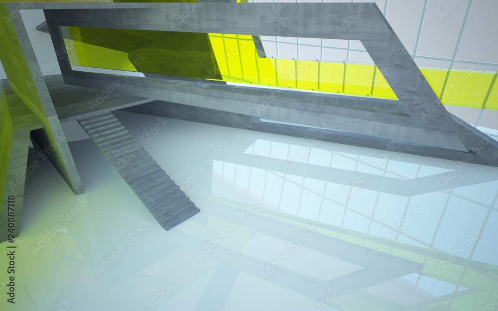 Obraz premium Abstract concrete, wood and green glass interior multilevel public space with window. 3D illustration and rendering.
