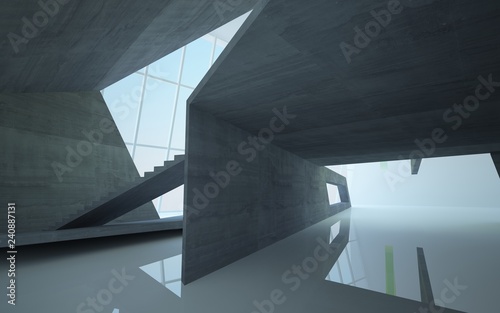 Abstract concrete, wood and green glass interior multilevel public space with window. 3D illustration and rendering.