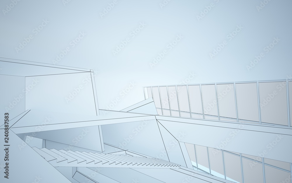 Abstract drawing white interior multilevel public space with window. Polygon black drawing. 3D illustration and rendering. Abstract drawing white interior multilevel public space with window. Polygon black drawing. 3D illustration and rendering.