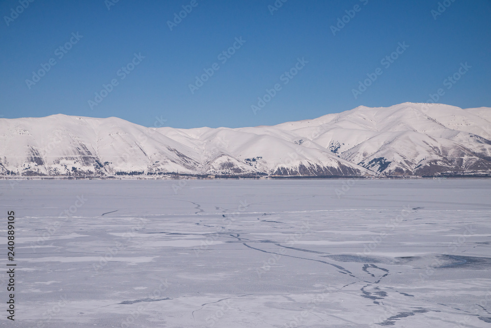 Frozen lake,. Armenia Sevan.