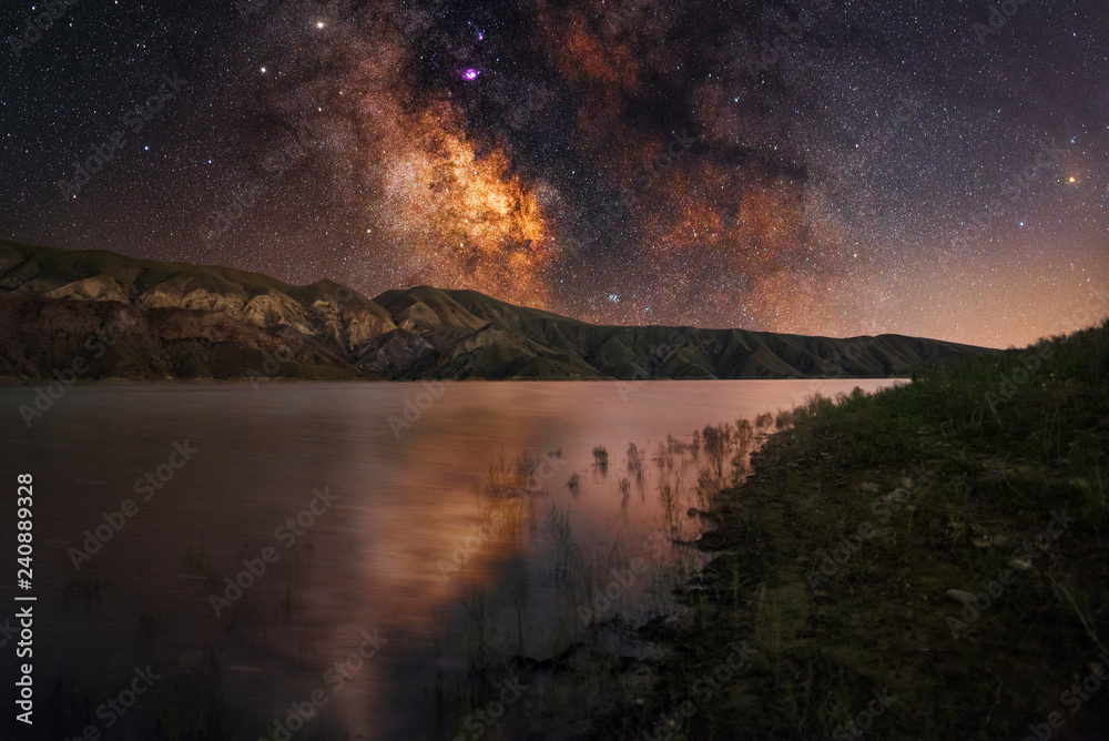Milky way galaxy on the lake. Night landscape. 