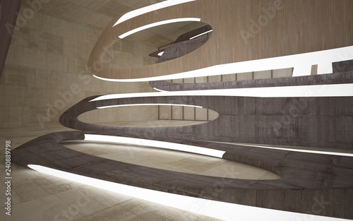 Empty dark abstract concrete and wood room smooth interior. Architectural background. Night view of the illuminated. 3D illustration and rendering