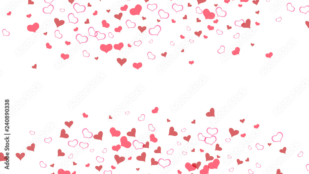A sample of wallpaper design, textiles, packaging, printing, holiday invitation for wedding. Red on White background Vector. Red hearts of confetti are falling. Light background.