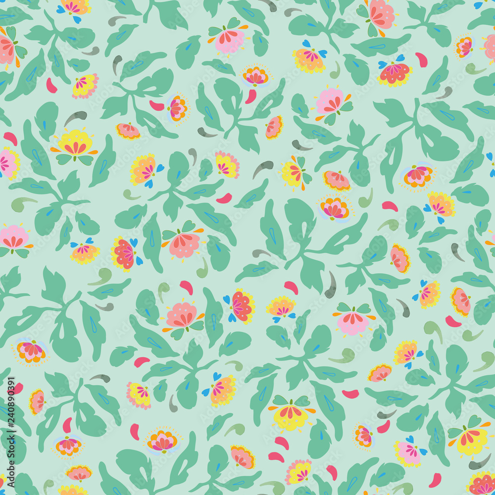 Peppermint green folk art floral pattern with pink and yellow blossoms. Surface pattern design.