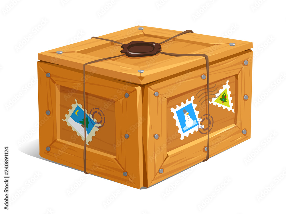 vector illustration of Sealed wooden box with stamps for sending by mail courier vector illustration of Sealed wooden box with stamps for sending by mail courier