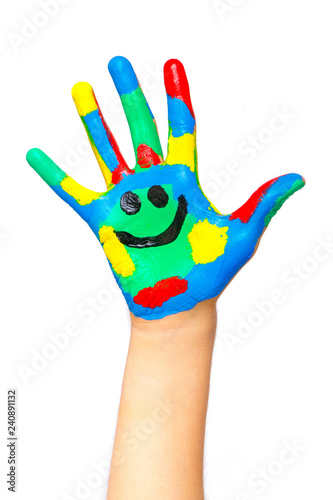 Laughing colorful child hand to the right