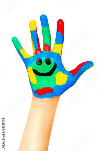 Laughing colorful child hand to the right