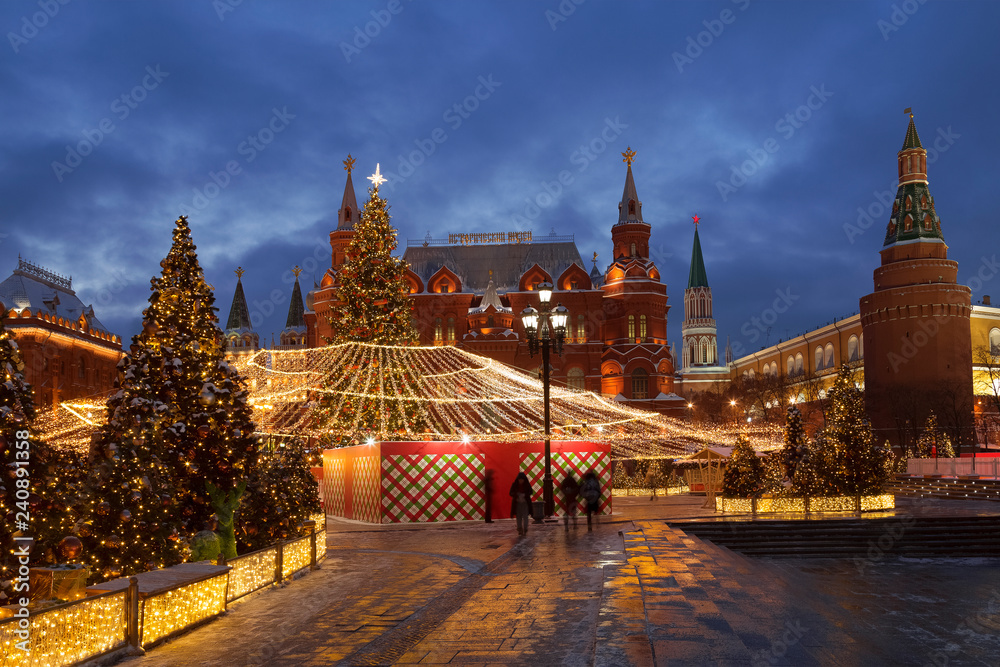 Manezhnaya square during New Year and Christmas holidays in the early morning, Moscow, Russia