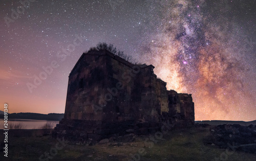 Old Armenian church and milky way galaxy. Armenia, Aparan