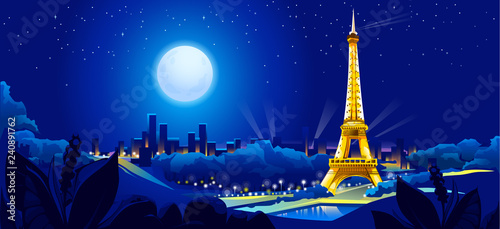 vector illustration of night view of Paris