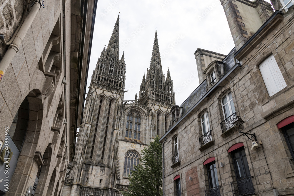 Quimper, France. Views of the two towers of the Gothic Cathedral of Saint Corentin, a Roman Catholic cathedral and national monument of Brittany