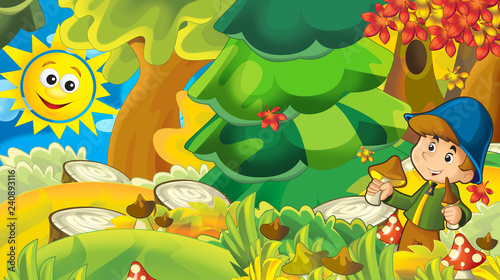 cartoon autumn nature background with boy gathering mushrooms - illustration for children