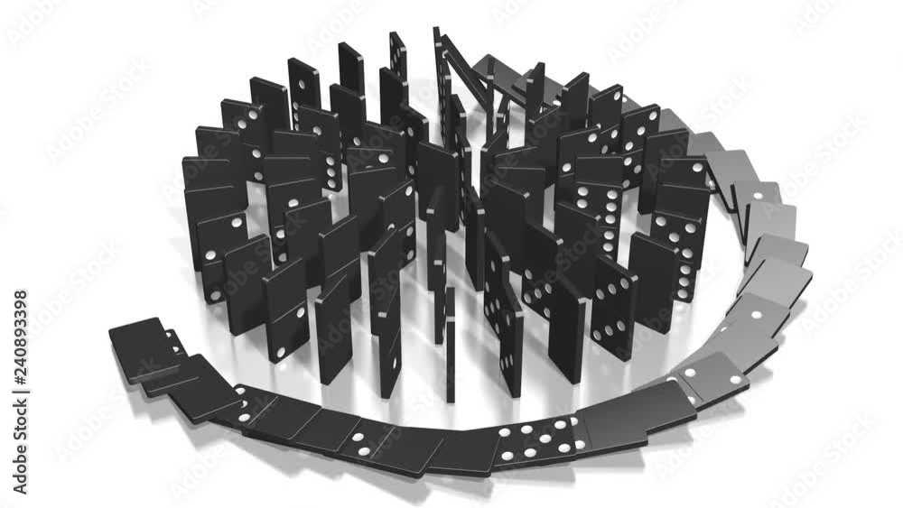 3D domino effect animation - falling black tiles with black dots, spiral shape.