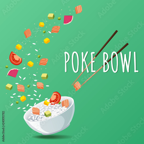 Hawaiian Poke Salmon Bowl with greens and vegetables. Menu design, copy space background. Vector illustration eps 10