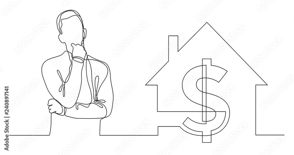 Self drawing line animation of man thinking about home value