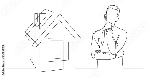 Self drawing line animation of man thinking about buying house