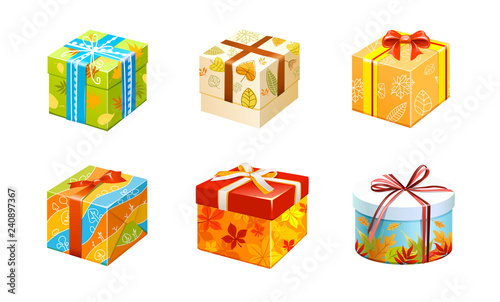 vector set of boxes with gifts of different shapes in a multi-colored wrapper tied with festive ribbons