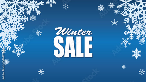 Winter sale background with blue realistic snowflakes banner and snow  Illustration